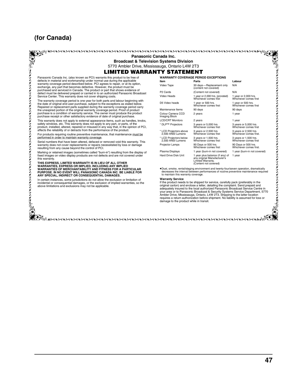 Panasonic TH-37PR10UA, TH-42PR10UA operating instructions For Canada 