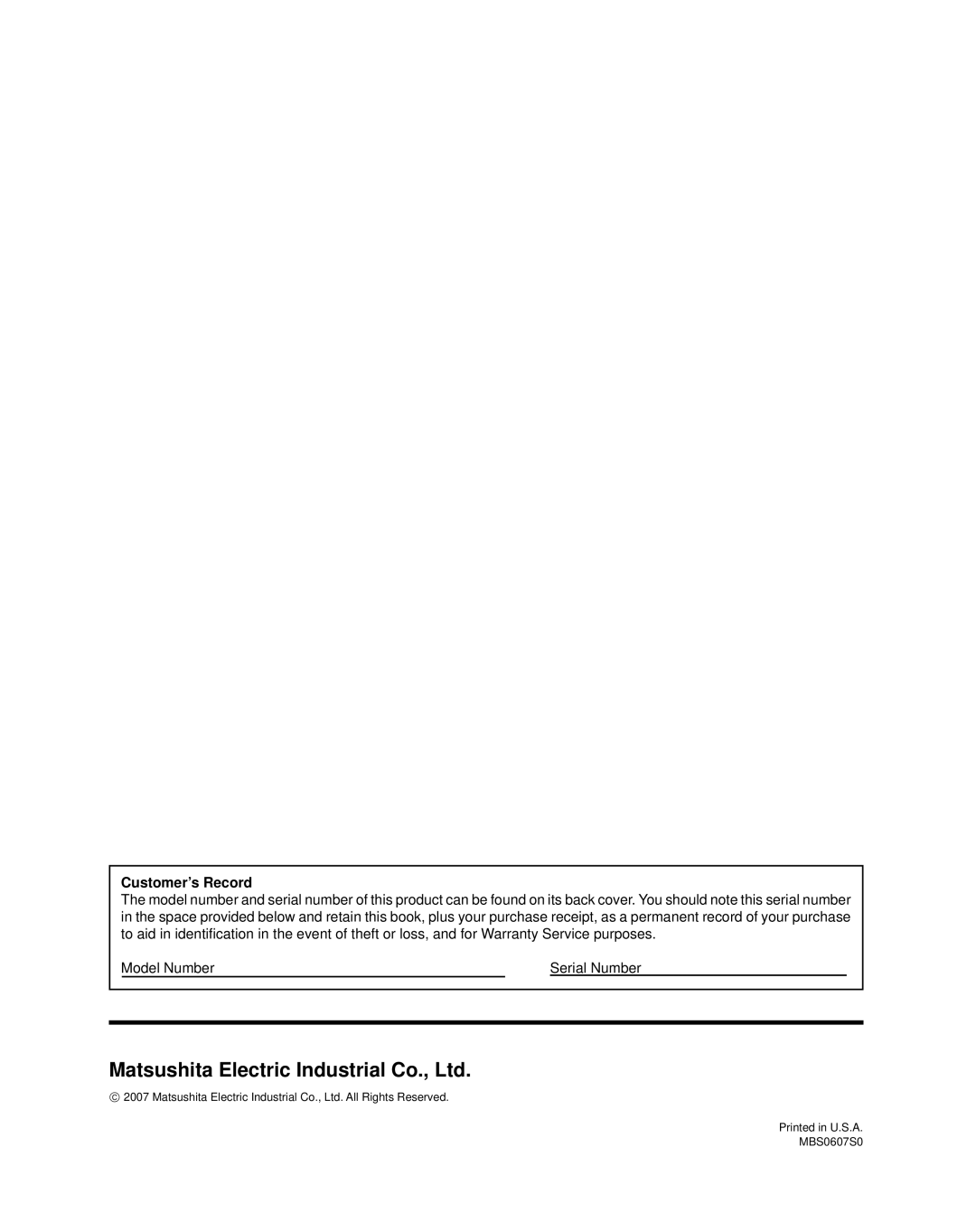 Panasonic TH-37PR10UA, TH-42PR10UA operating instructions Customer’s Record 