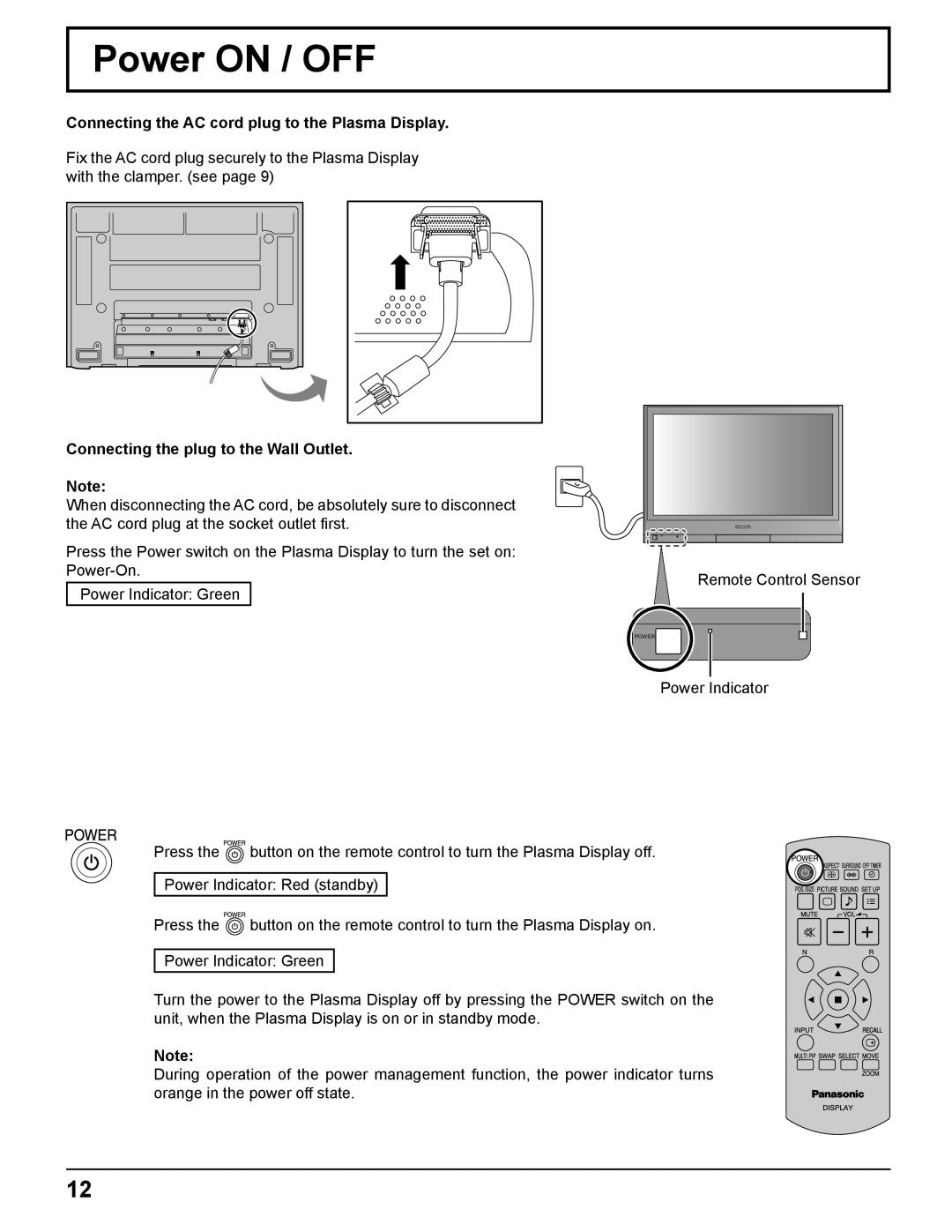 Panasonic TH-37PR11UH, TH-42PR11UK, TH-42PR11UH manual Power on / OFF, Connecting the AC cord plug to the Plasma Display 