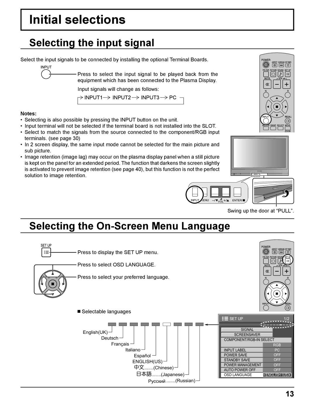 Panasonic TH-42PR11UK, TH-37PR11UH Initial selections, Selecting the input signal, Selecting the On-Screen Menu Language 