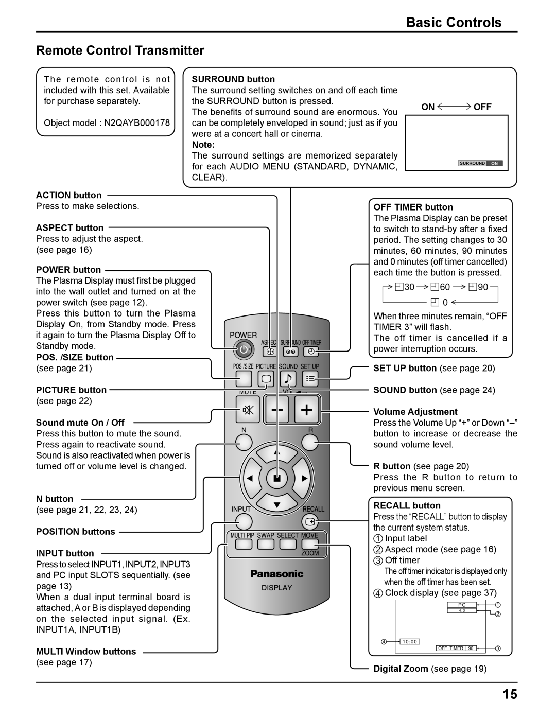 Panasonic TH-37PR11UH, TH-42PR11UK, TH-42PR11UH manual On OFF 