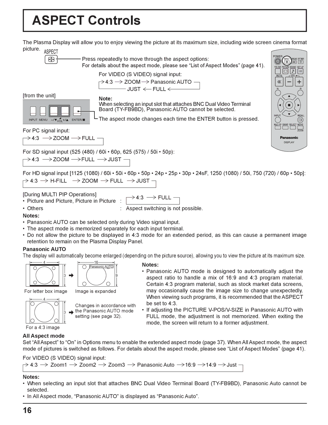 Panasonic TH-42PR11UK, TH-37PR11UH, TH-42PR11UH manual Aspect Controls, Panasonic Auto, All Aspect mode 