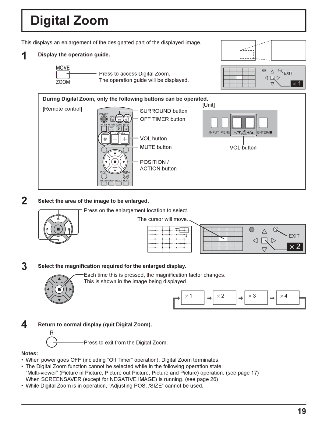 Panasonic TH-42PR11UK, TH-37PR11UH Display the operation guide, Position, Return to normal display quit Digital Zoom 