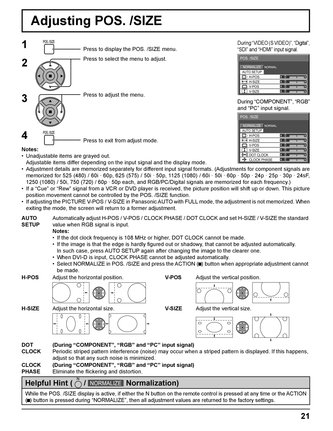 Panasonic TH-37PR11UH, TH-42PR11UK, TH-42PR11UH manual Adjusting POS. /SIZE 