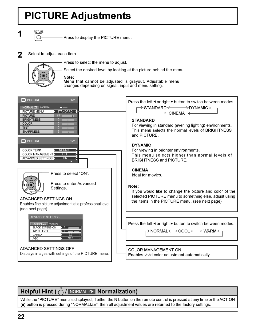 Panasonic TH-42PR11UK, TH-37PR11UH, TH-42PR11UH manual Picture Adjustments, Standard, Dynamic, Cinema 