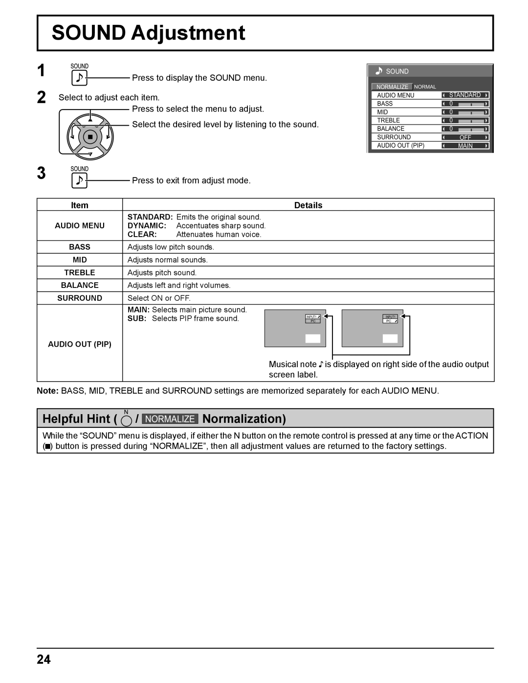 Panasonic TH-37PR11UH, TH-42PR11UK, TH-42PR11UH manual Sound Adjustment, Press to exit from adjust mode 