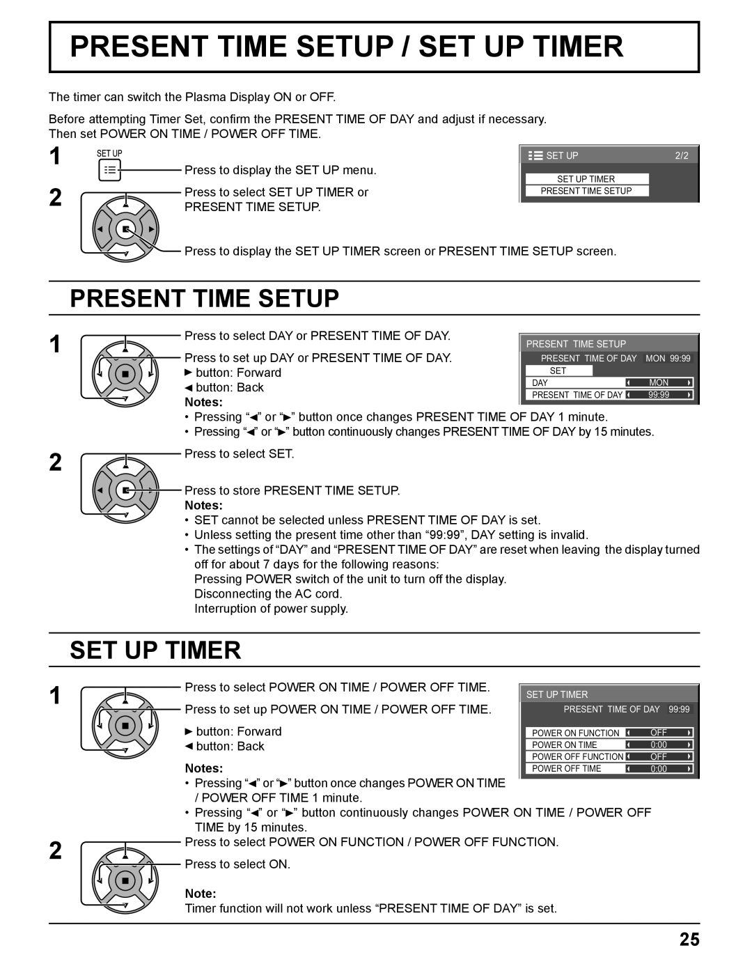 Panasonic TH-42PR11UK, TH-37PR11UH, TH-42PR11UH manual Present Time Setup, SET UP Timer 