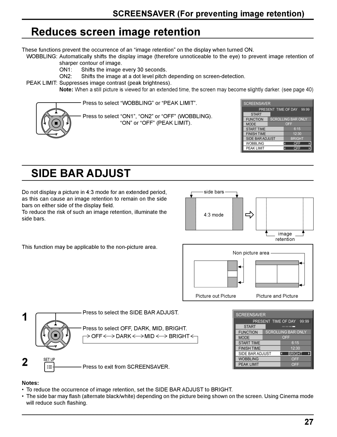 Panasonic TH-37PR11UH, TH-42PR11UK, TH-42PR11UH manual Reduces screen image retention, Side BAR Adjust, OFF Dark MID Bright 