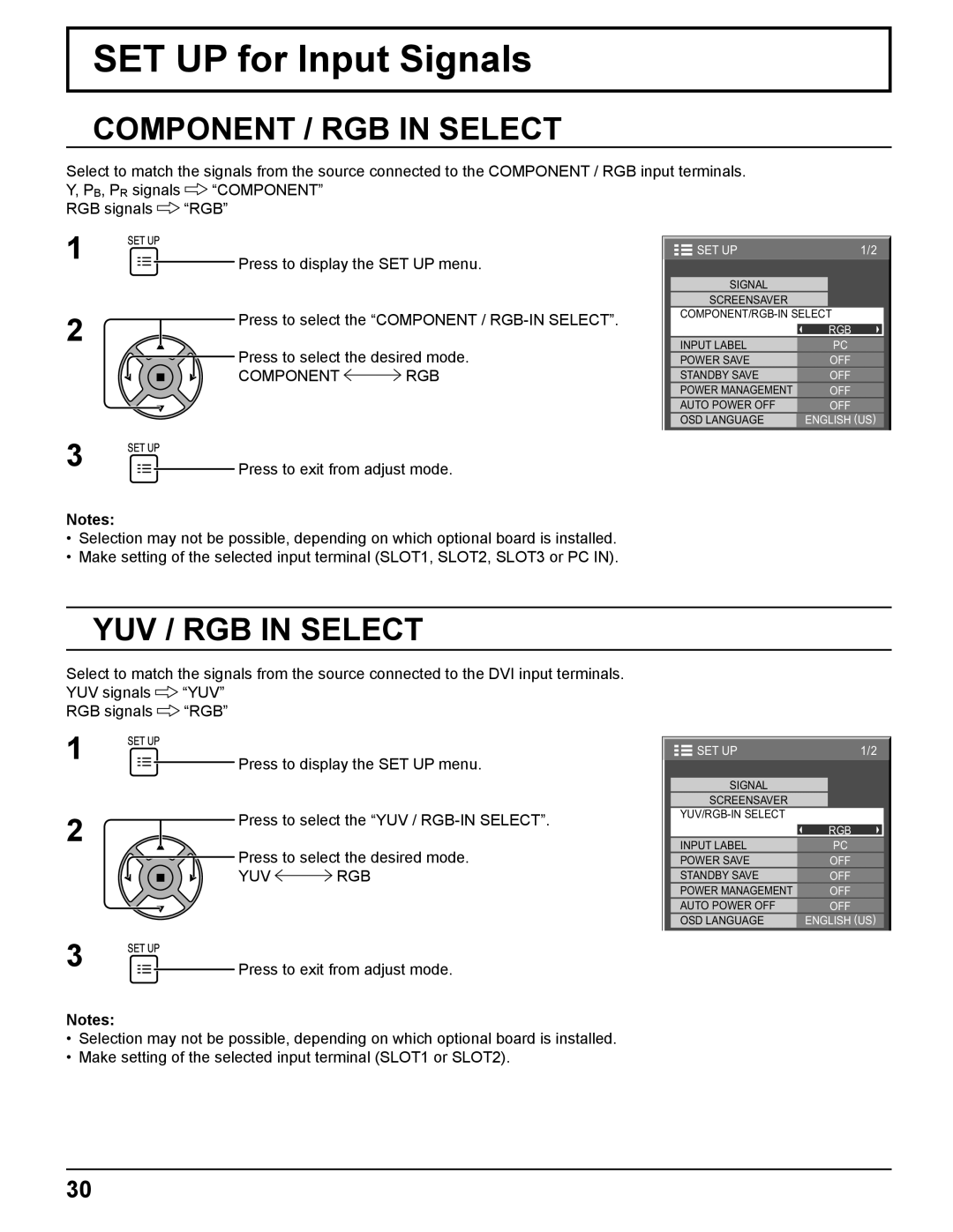 Panasonic TH-37PR11UH, TH-42PR11UK, TH-42PR11UH SET UP for Input Signals, Component / RGB in Select, YUV / RGB in Select 