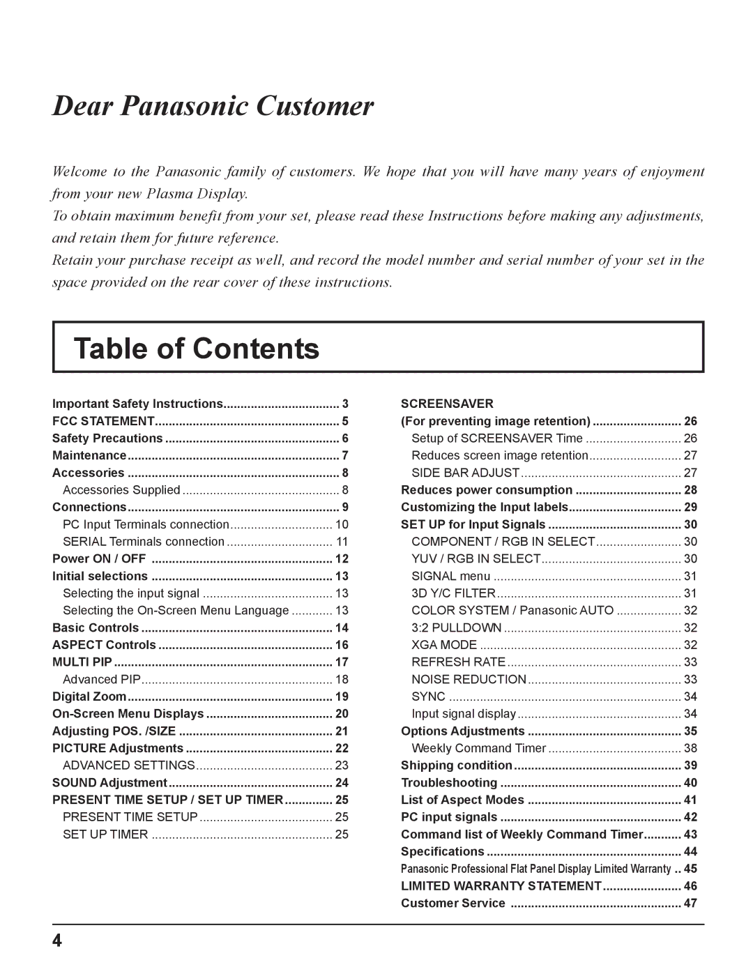 Panasonic TH-42PR11UK, TH-37PR11UH, TH-42PR11UH manual Table of Contents 