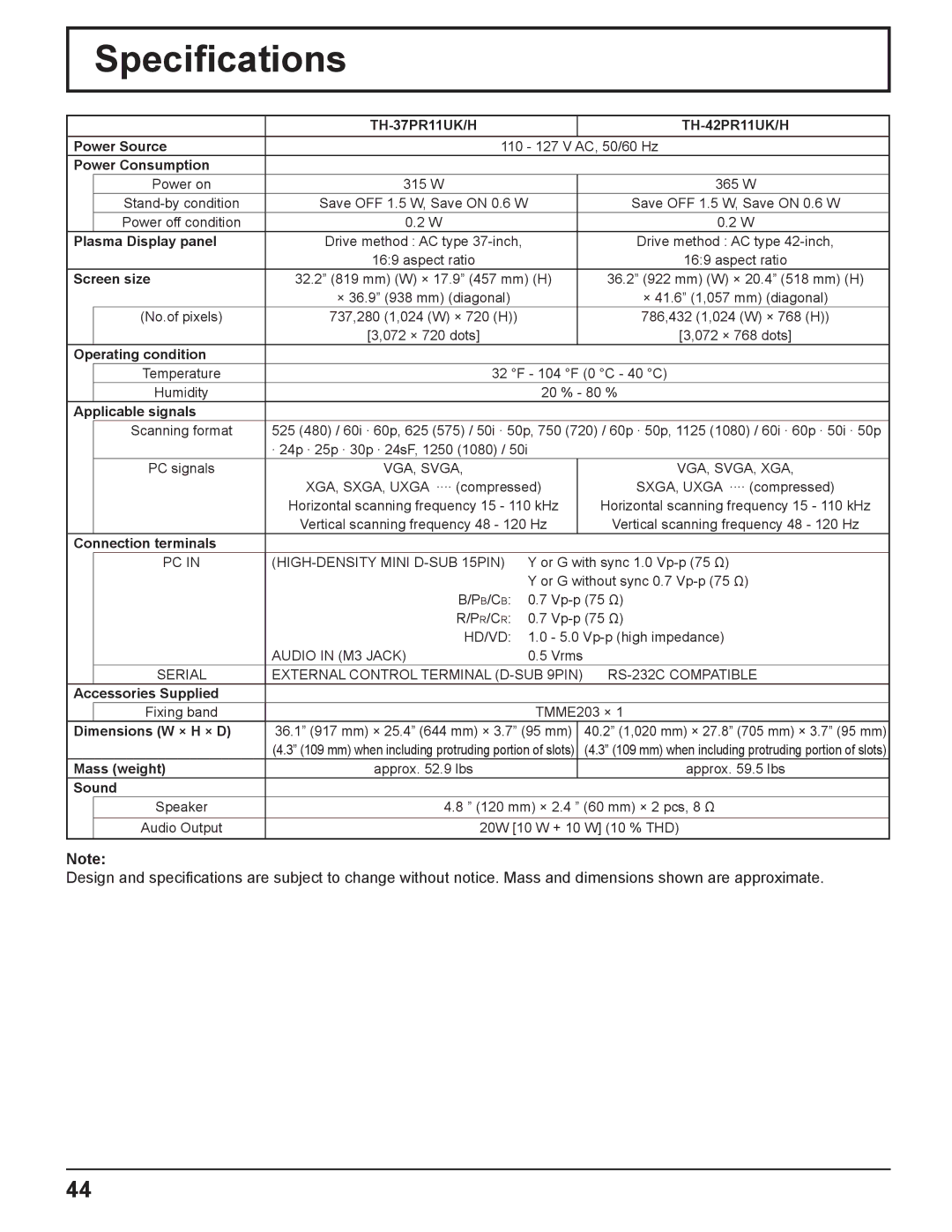 Panasonic TH-42PR11UH, TH-37PR11UH, TH-42PR11UK manual Speciﬁcations 