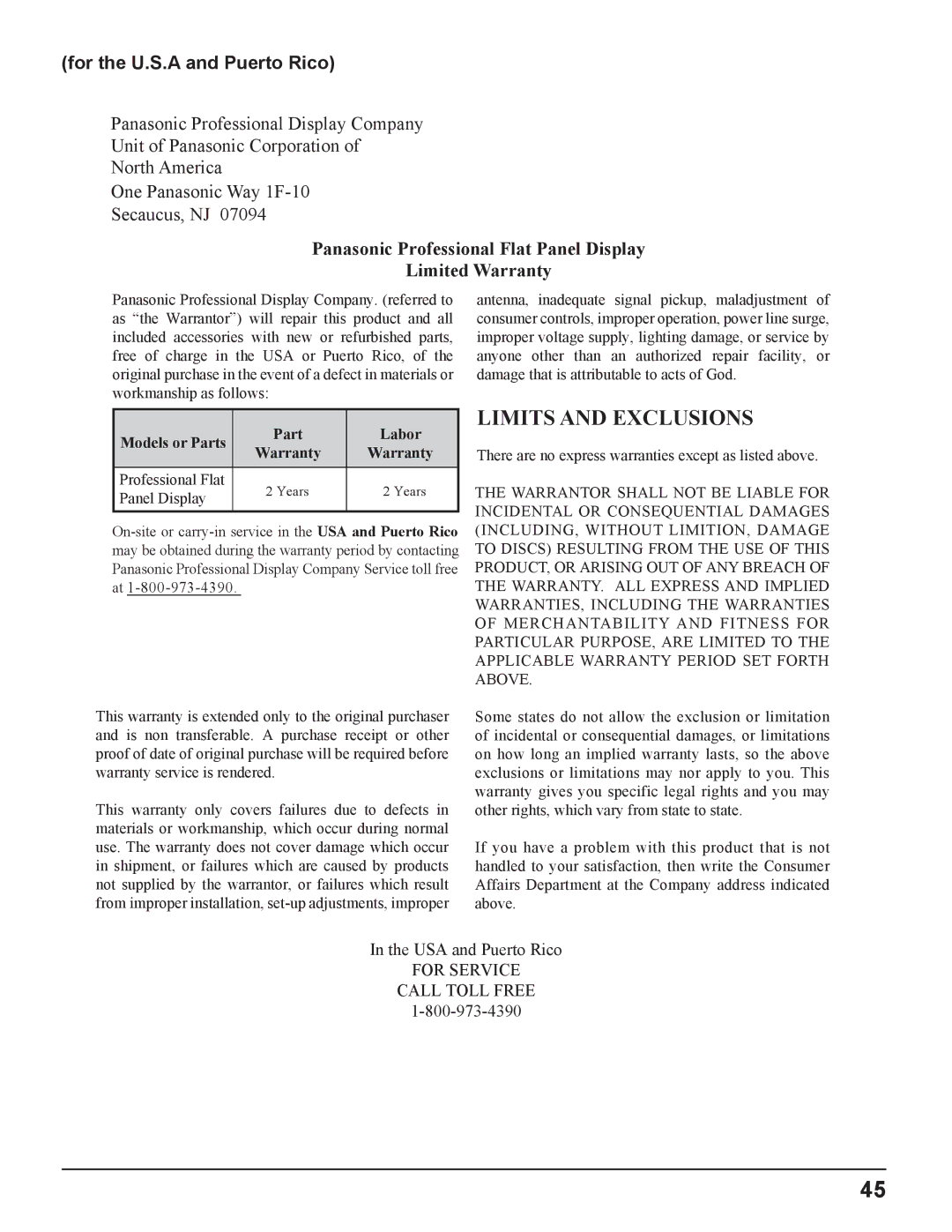 Panasonic TH-37PR11UH manual For the U.S.A and Puerto Rico, Panasonic Professional Flat Panel Display Limited Warranty 