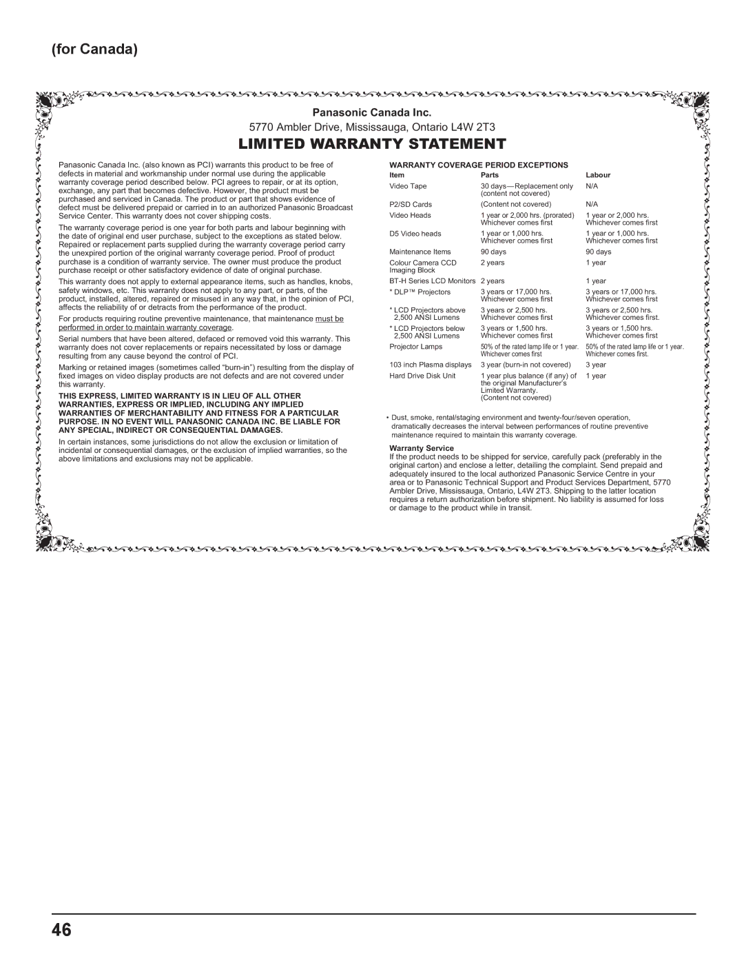 Panasonic TH-42PR11UK, TH-37PR11UH, TH-42PR11UH manual For Canada, Panasonic Canada Inc 