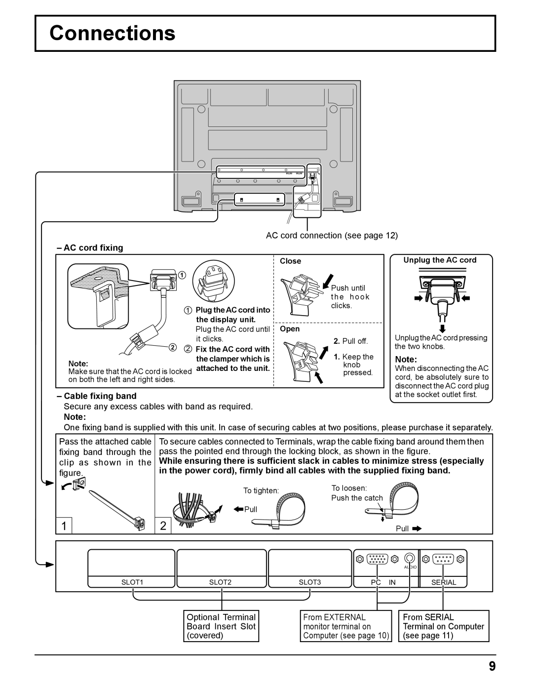 Panasonic TH-37PR11UH, TH-42PR11UK, TH-42PR11UH manual Connections, AC cord ﬁxing, Cable ﬁxing band 