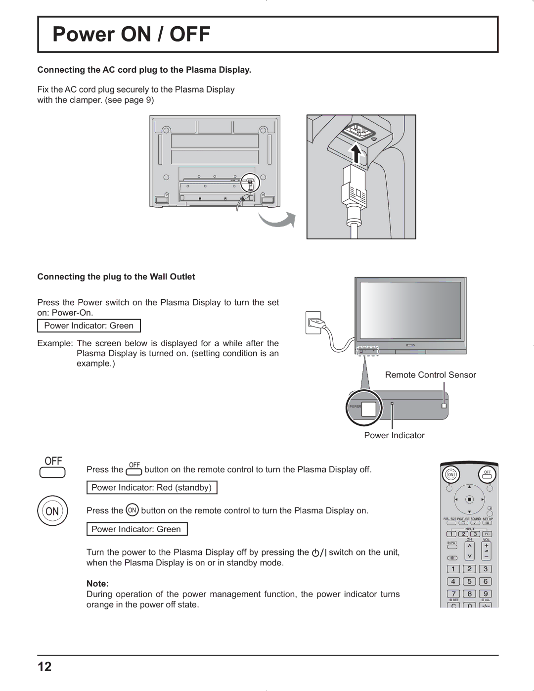 Panasonic TH-37PR9U, TH-37PG9U, TH-42PG9U, TH-42PR9U manual Power on / OFF, Connecting the AC cord plug to the Plasma Display 