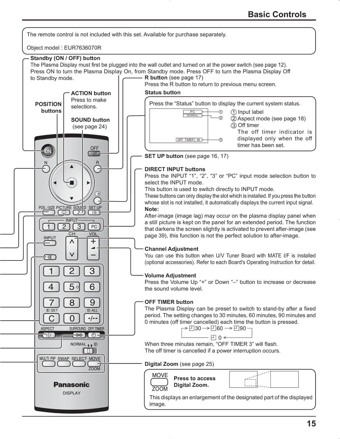 Panasonic TH-42PR9U, TH-37PR9U, TH-37PG9U, TH-42PG9U manual Basic Controls, Position 