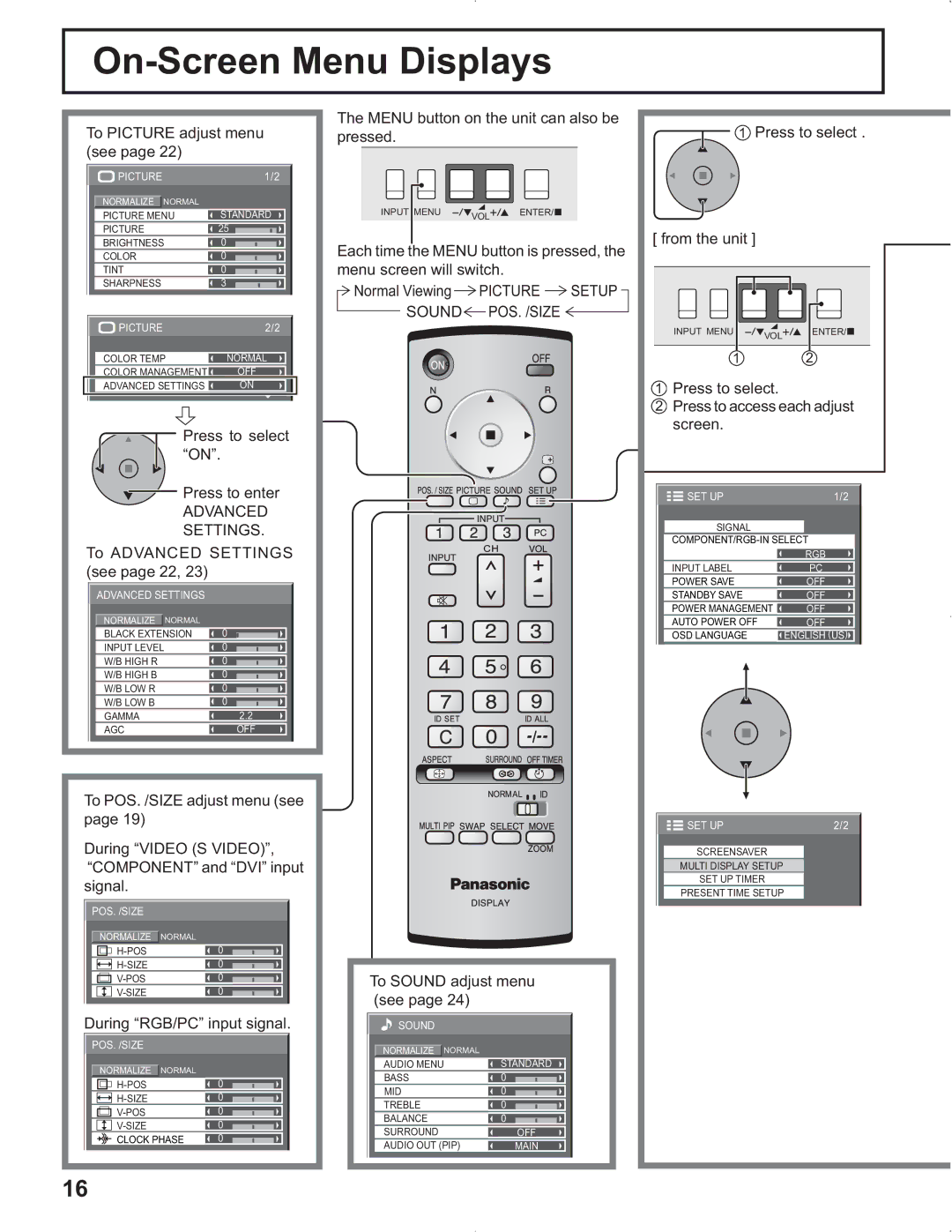 Panasonic TH-37PR9U, TH-37PG9U, TH-42PG9U, TH-42PR9U manual On-Screen Menu Displays, Advanced Settings, Picture Setup 