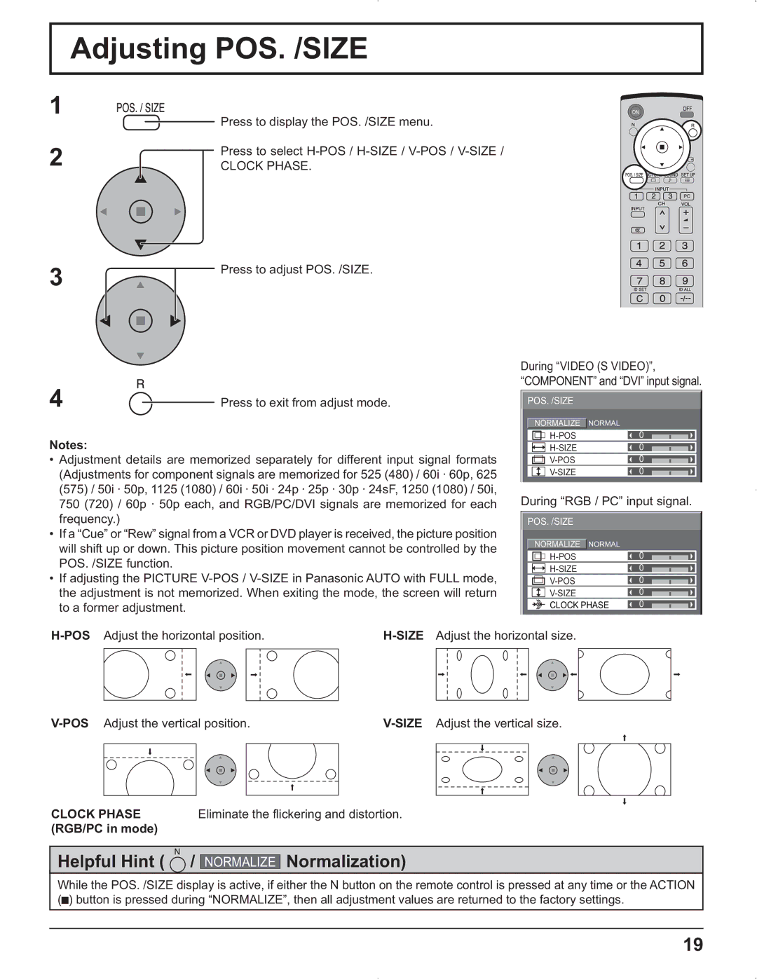 Panasonic TH-42PR9U, TH-37PR9U Adjusting POS. /SIZE, Clock Phase, Eliminate the flickering and distortion, RGB/PC in mode 