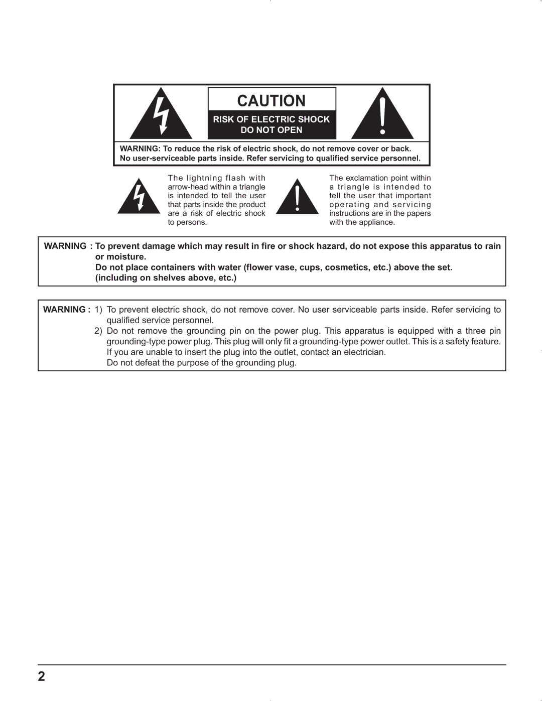 Panasonic TH-42PG9U, TH-37PR9U, TH-37PG9U, TH-42PR9U manual Risk of Electric Shock Do not Open 