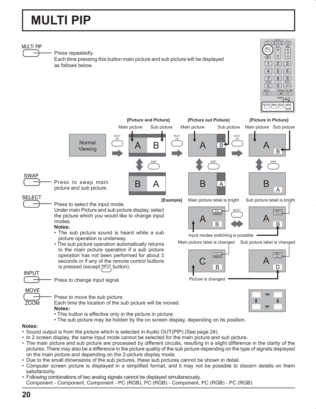 Panasonic TH-37PR9U, TH-37PG9U Press to swap main picture and sub picture, Picture which you would like to change input 