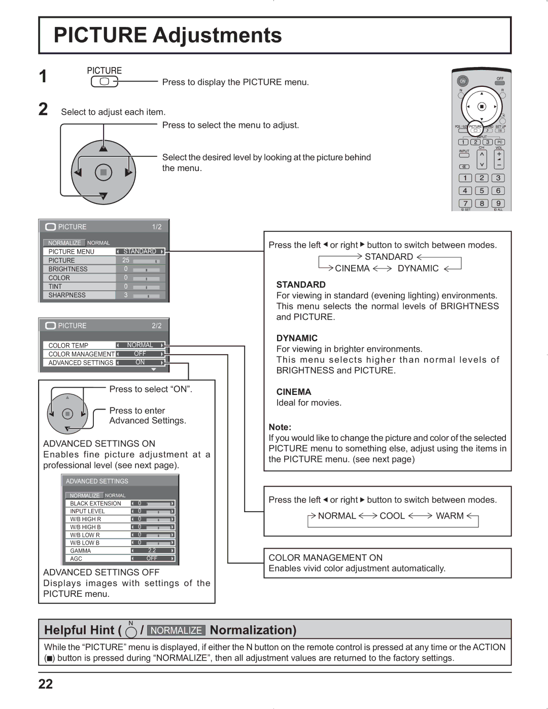 Panasonic TH-42PG9U, TH-37PR9U, TH-37PG9U, TH-42PR9U manual Picture Adjustments, Standard, Dynamic, Cinema 