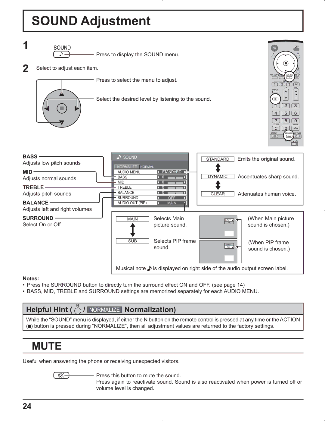 Panasonic TH-37PR9U, TH-37PG9U, TH-42PG9U, TH-42PR9U manual Sound Adjustment, Mute 