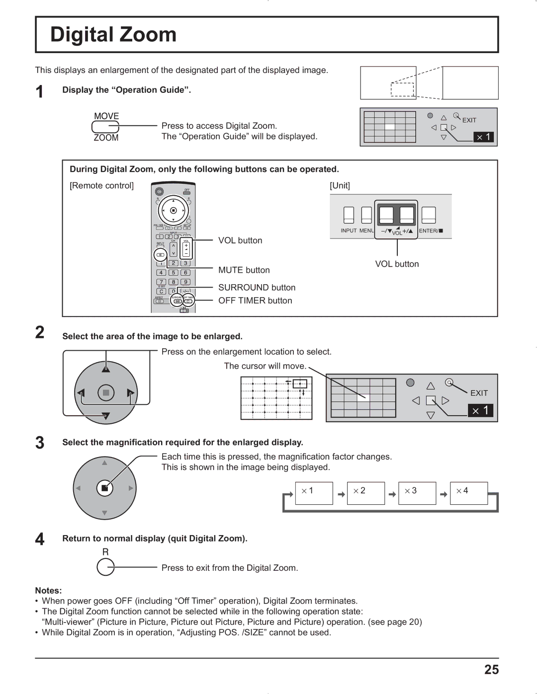 Panasonic TH-37PG9U, TH-37PR9U manual Digital Zoom, Display the Operation Guide, Select the area of the image to be enlarged 