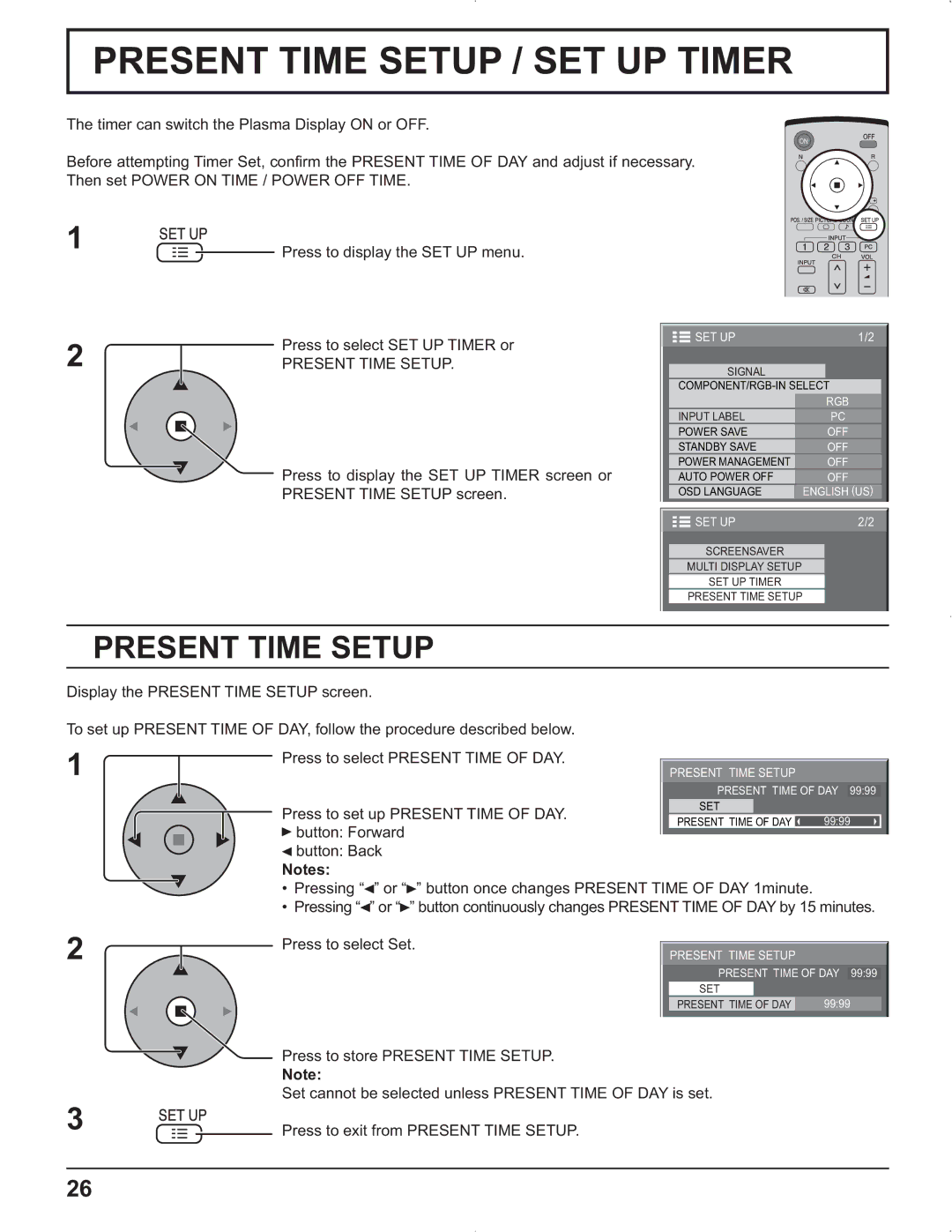 Panasonic TH-42PG9U, TH-37PR9U, TH-37PG9U, TH-42PR9U manual Present Time Setup, Press to set up Present Time of DAY 