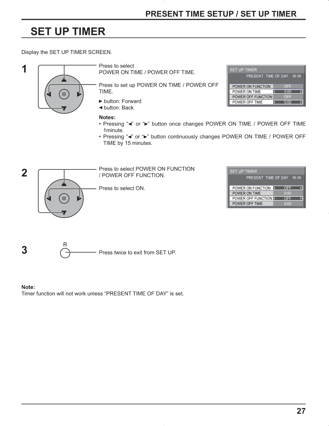 Panasonic TH-42PR9U, TH-37PR9U manual Display the SET UP Timer Screen Press to select, Power on Time / Power OFF Time 