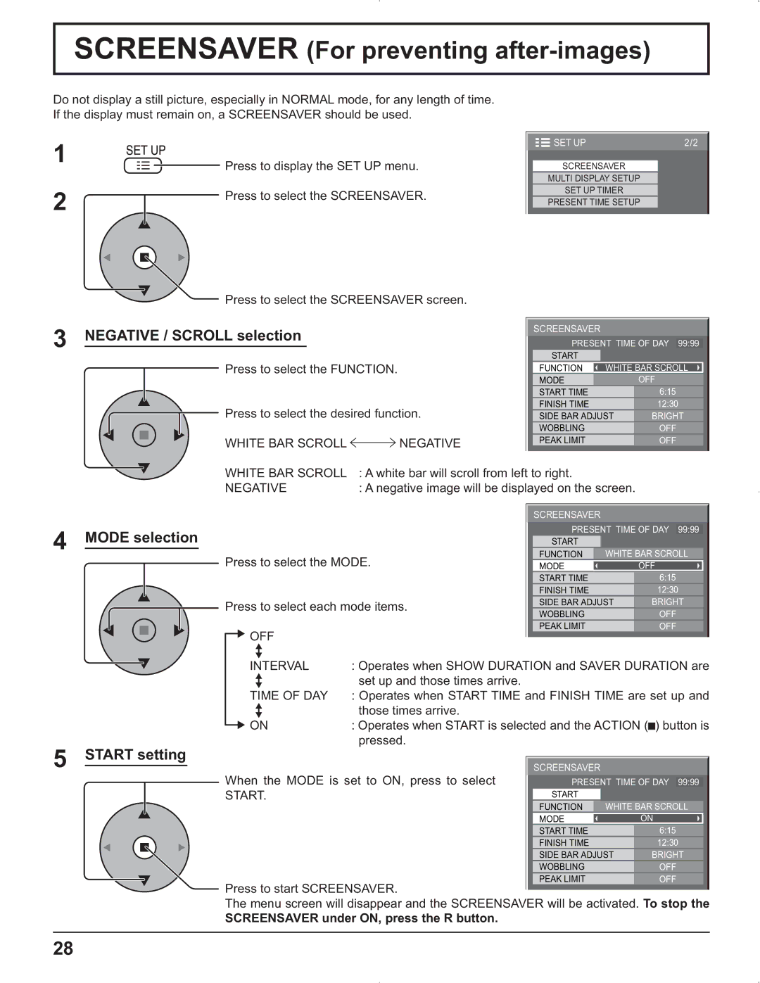 Panasonic TH-37PR9U Screensaver For preventing after-images, Negative / Scroll selection, Mode selection, Start setting 