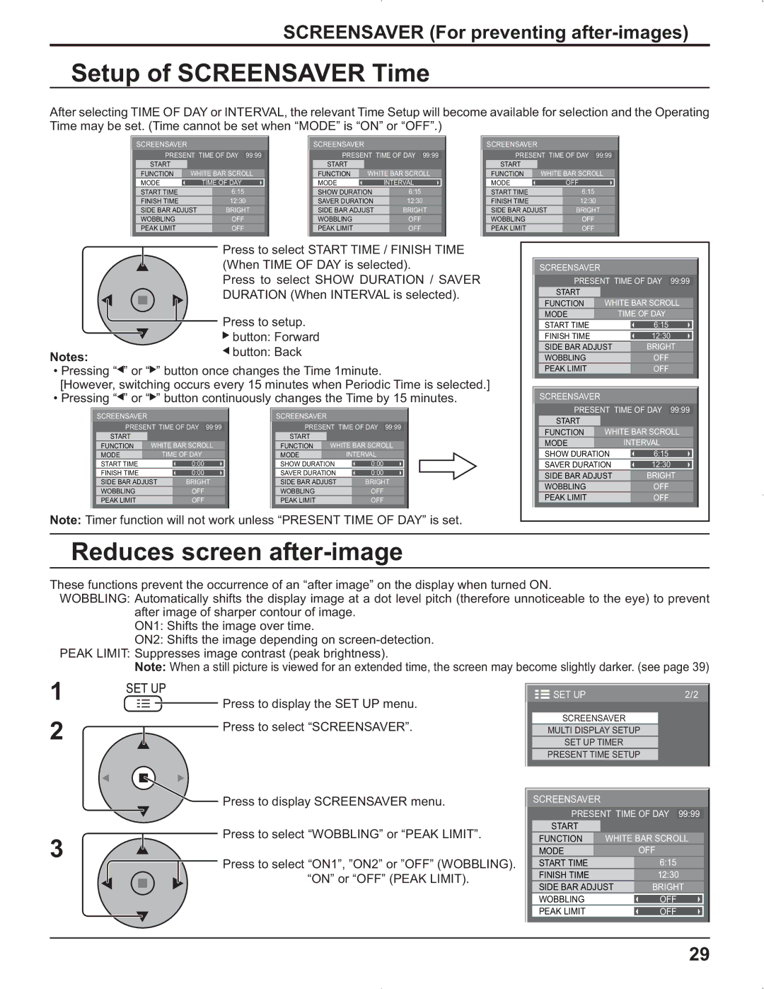 Panasonic TH-37PG9U manual Setup of Screensaver Time, Reduces screen after-image, Screensaver For preventing after-images 