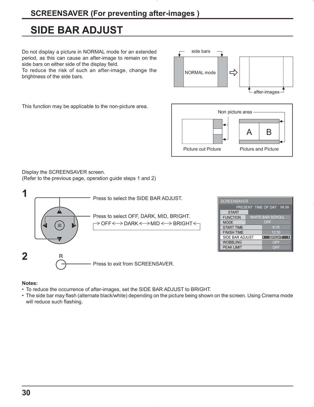 Panasonic TH-42PG9U, TH-37PR9U, TH-37PG9U, TH-42PR9U Side BAR Adjust, OFF Dark MID Bright, Press to exit from Screensaver 