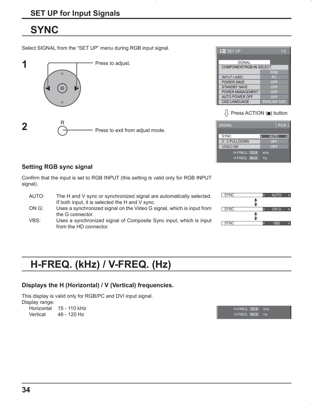 Panasonic TH-42PG9U, TH-37PR9U, TH-37PG9U, TH-42PR9U manual Sync, FREQ. kHz / V-FREQ. Hz, Setting RGB sync signal 