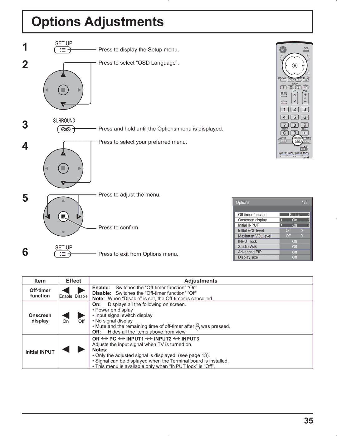 Panasonic TH-42PR9U, TH-37PR9U, TH-37PG9U, TH-42PG9U manual Options Adjustments 