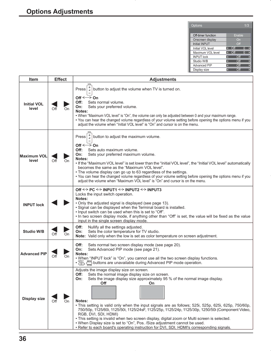 Panasonic TH-37PR9U, TH-37PG9U, TH-42PG9U manual Options Adjustments, Press button to adjust the volume when TV is turned on 