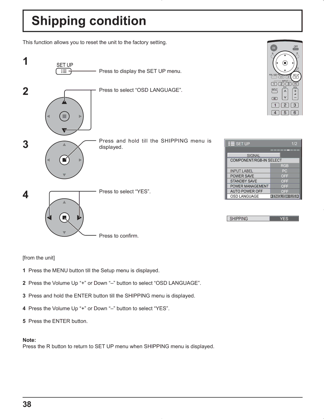 Panasonic TH-42PG9U, TH-37PR9U, TH-37PG9U, TH-42PR9U manual Shipping condition, Press to select YES 