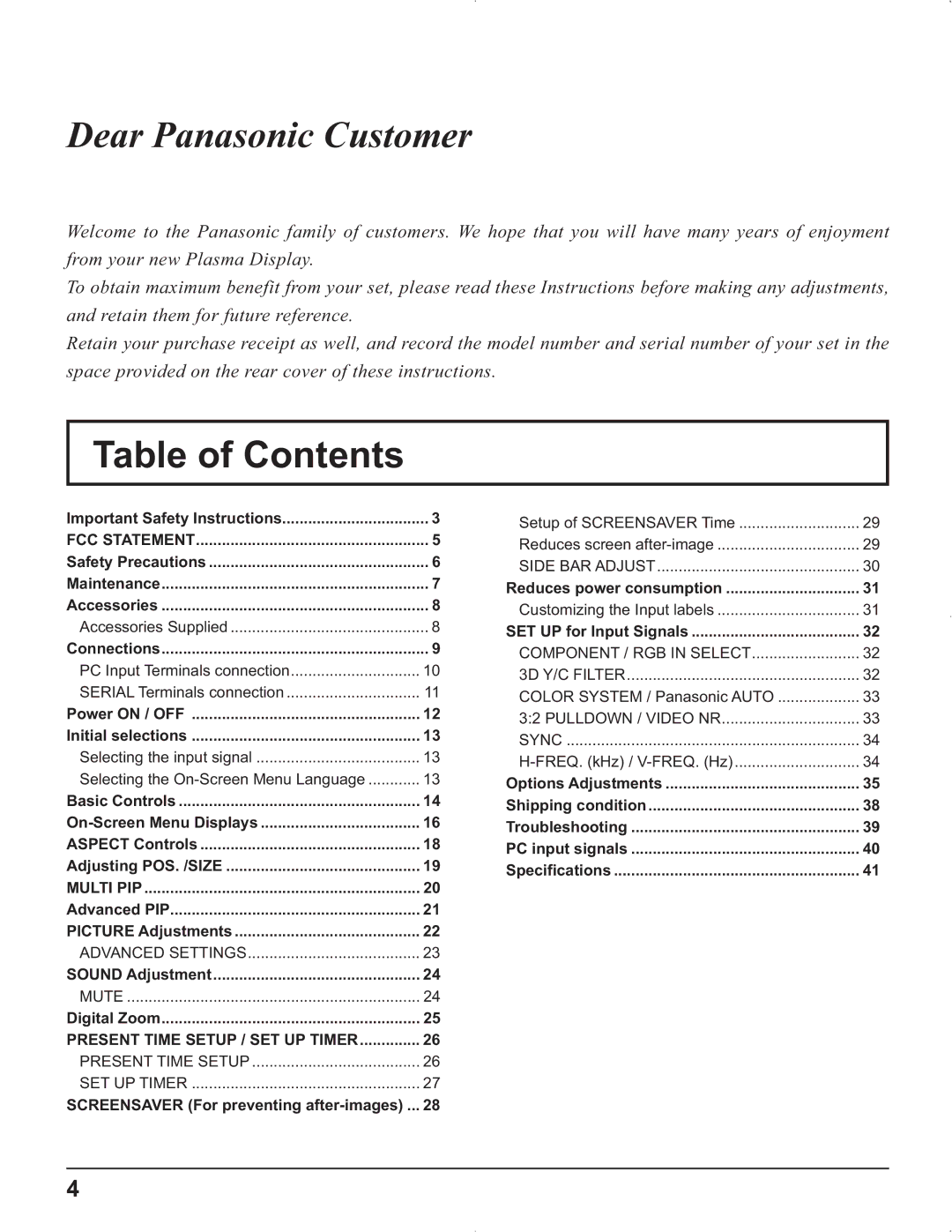 Panasonic TH-37PR9U, TH-37PG9U, TH-42PG9U, TH-42PR9U manual Table of Contents 