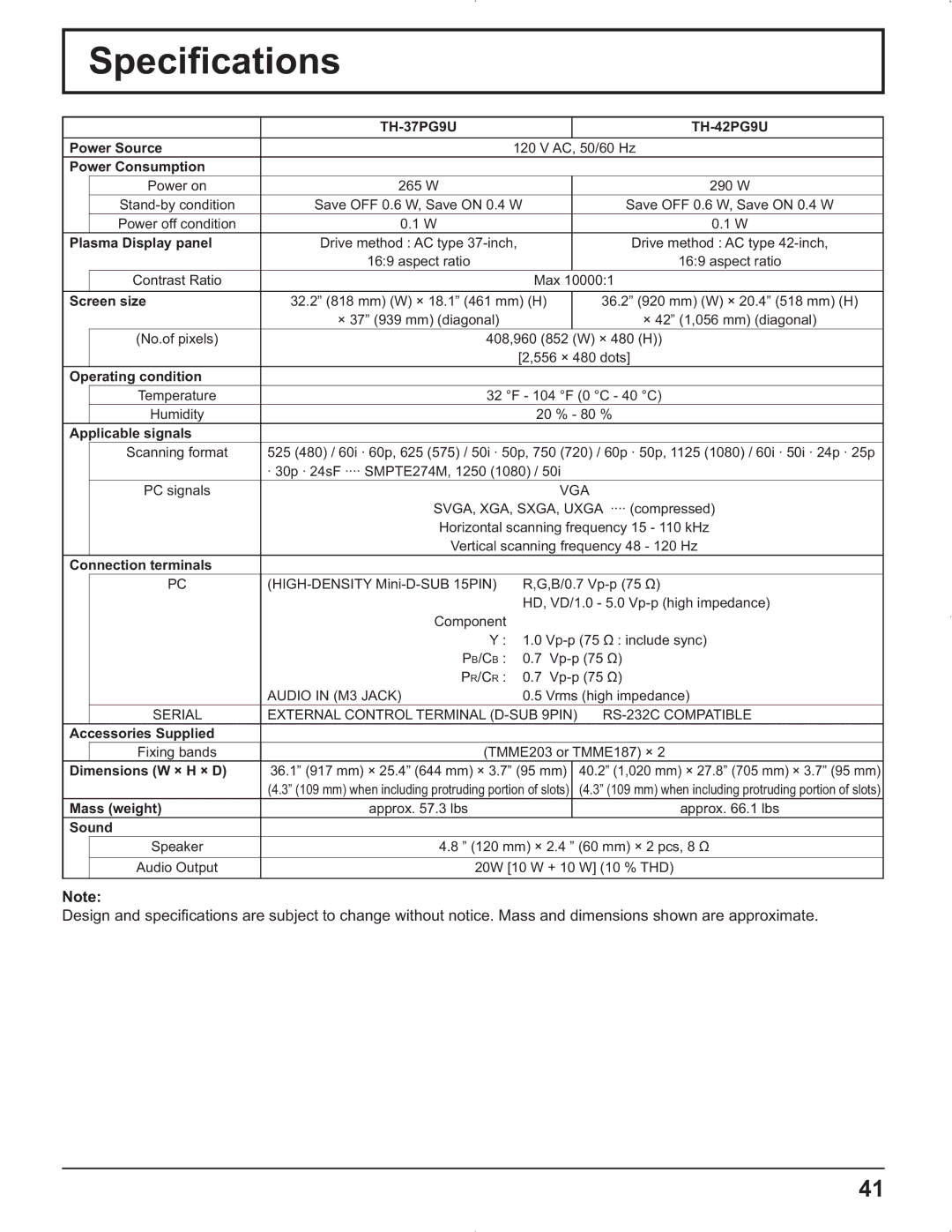 Panasonic TH-37PG9U, TH-37PR9U, TH-42PG9U, TH-42PR9U manual Specifications 