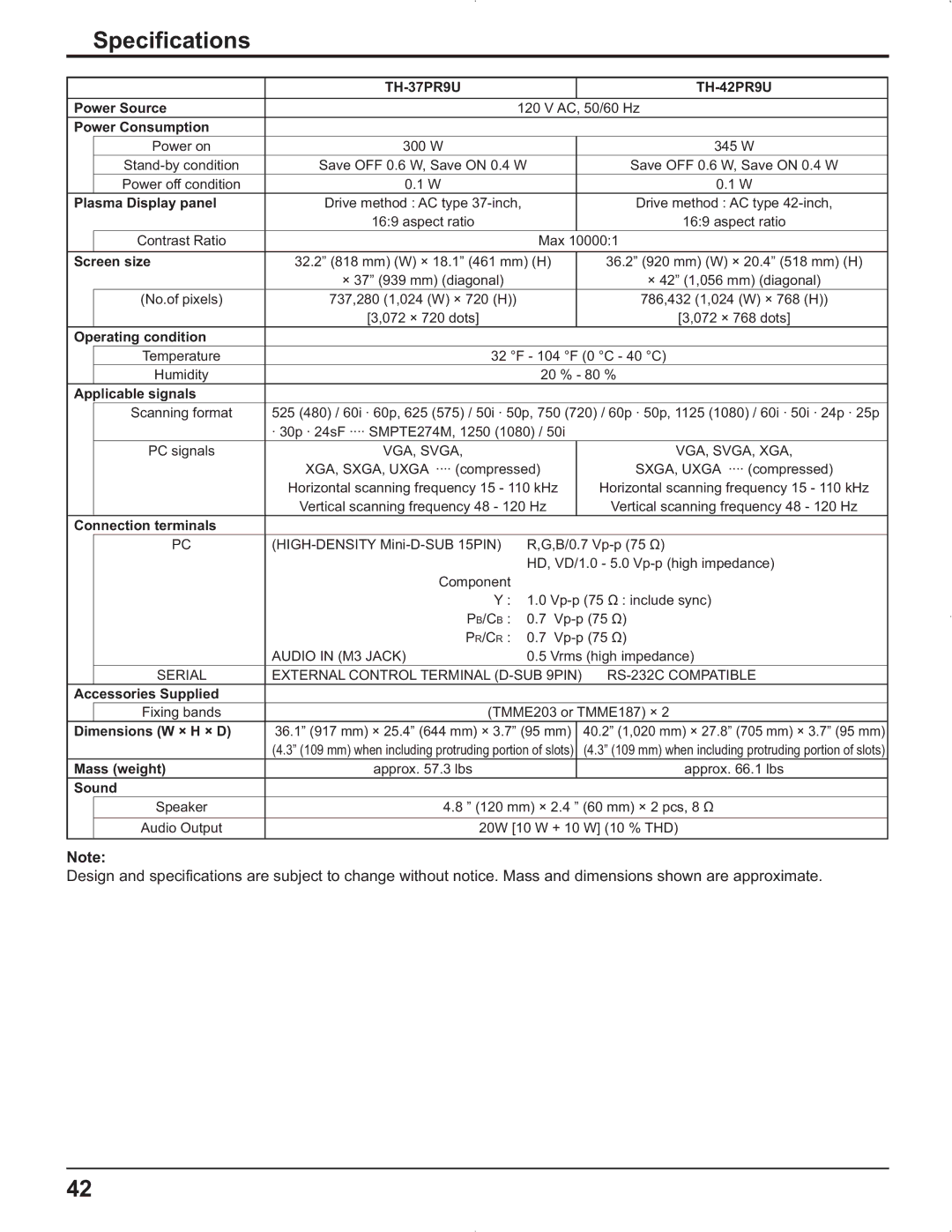 Panasonic TH-42PG9U, TH-37PR9U, TH-37PG9U, TH-42PR9U Specifications, 300 W 345 W, 20 % 80 %, XGA, SXGA, Uxga ···· compressed 