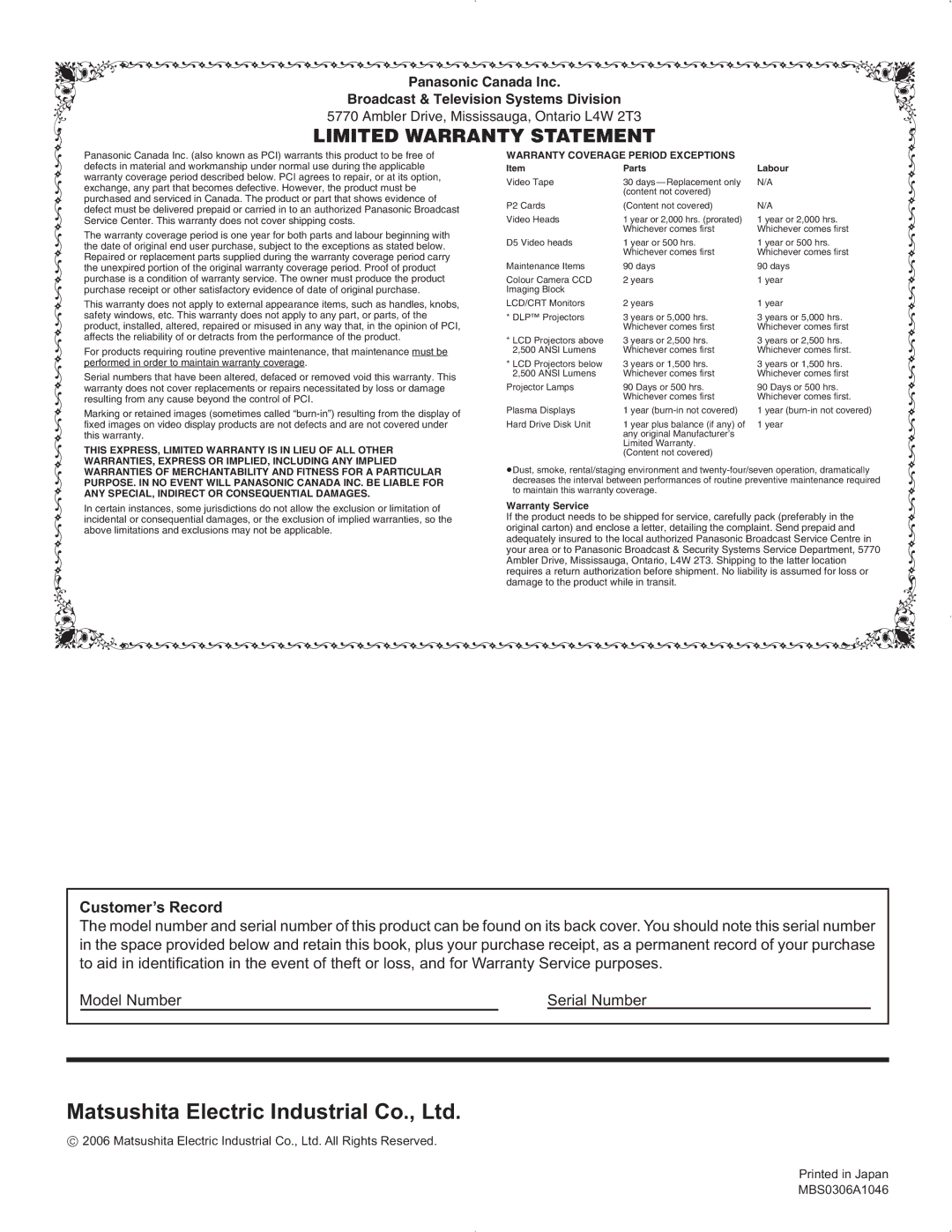 Panasonic TH-37PR9U, TH-37PG9U, TH-42PG9U, TH-42PR9U manual Limited Warranty Statement, Customer’s Record 