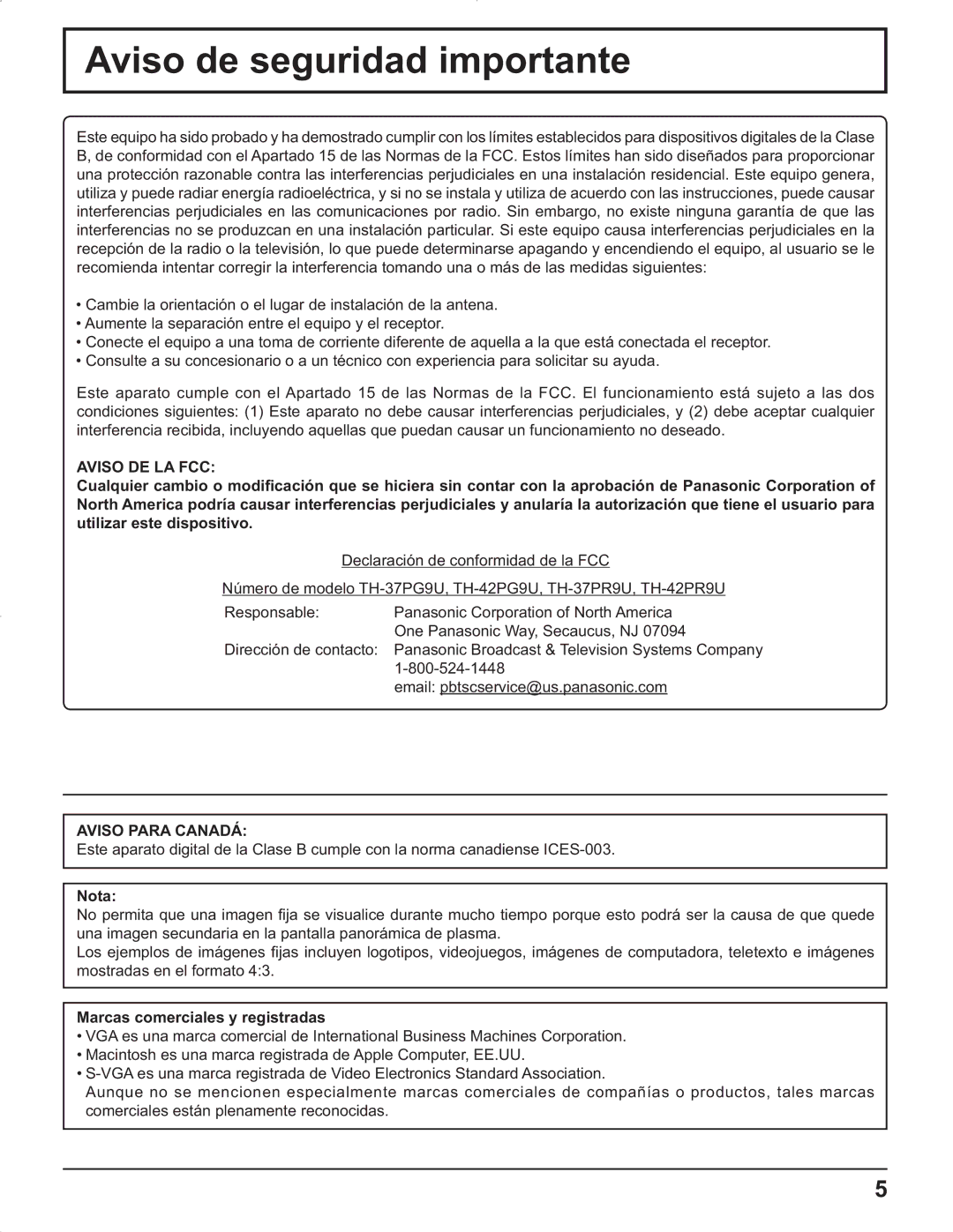 Panasonic TH-37PG9U, TH-37PR9U, TH-42PG9U, TH-42PR9U Aviso de seguridad importante, Aviso DE LA FCC, Aviso Para Canadá, Nota 