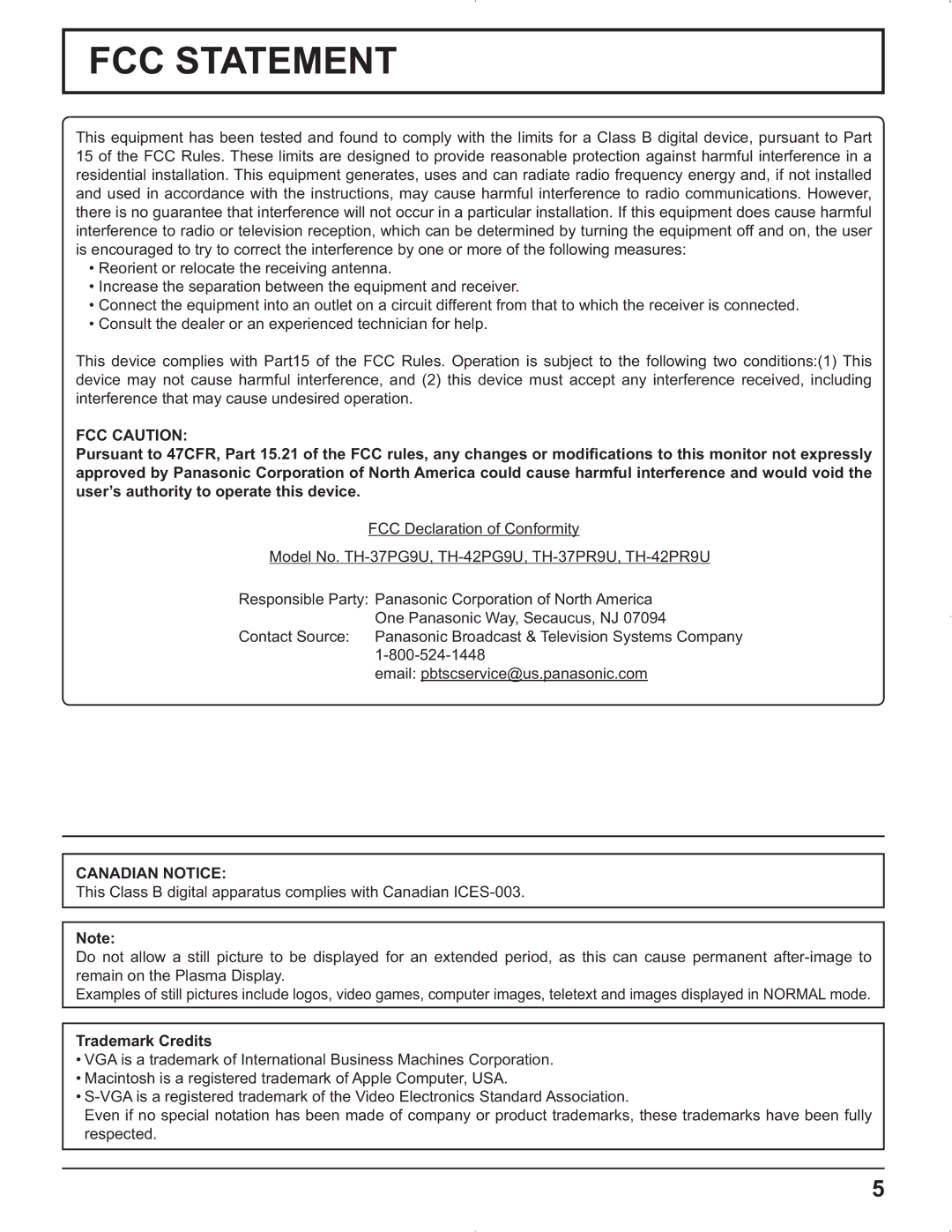 Panasonic TH-37PG9U, TH-37PR9U, TH-42PG9U, TH-42PR9U manual FCC Caution, Canadian Notice, Trademark Credits 