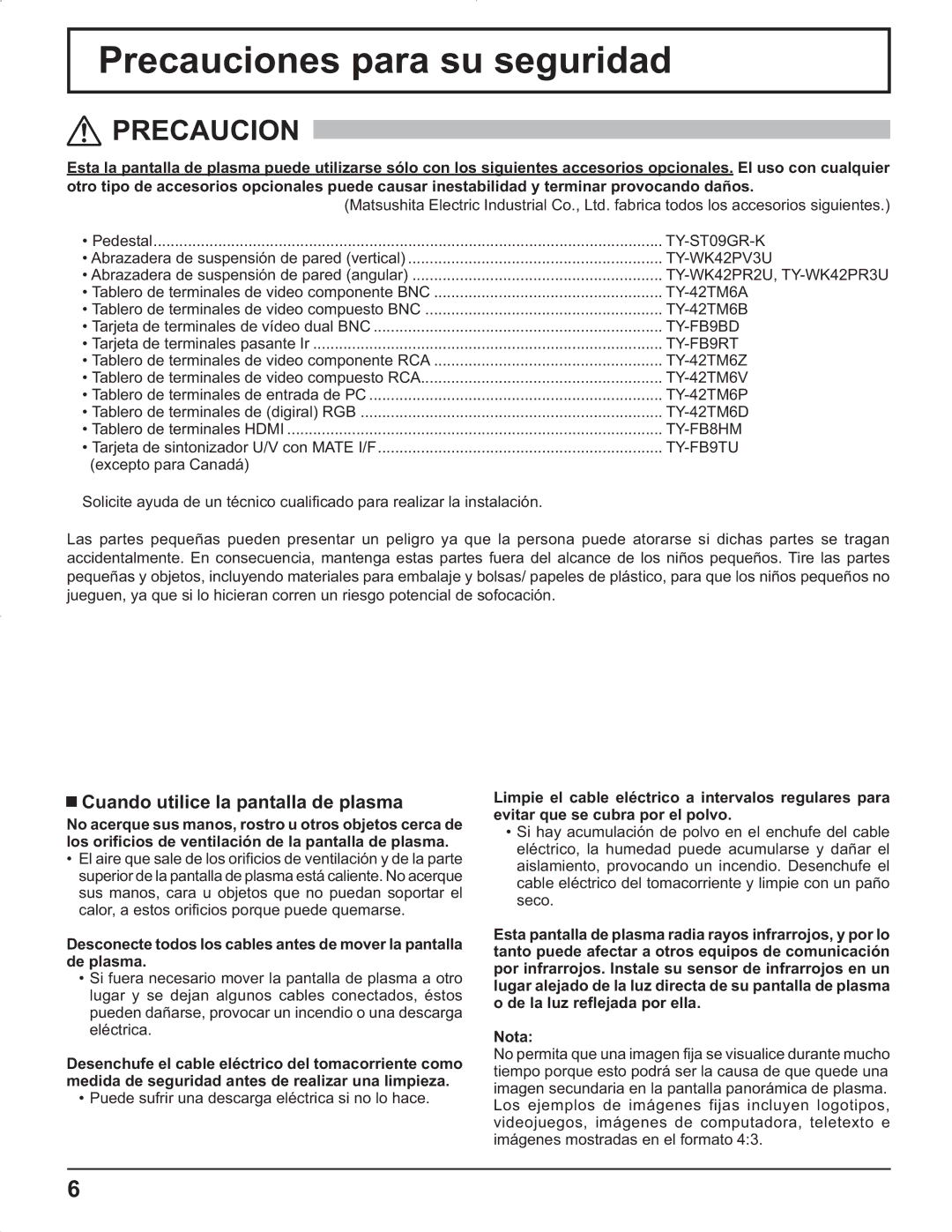 Panasonic TH-42PG9U, TH-37PR9U, TH-37PG9U, TH-42PR9U Precauciones para su seguridad, Cuando utilice la pantalla de plasma 