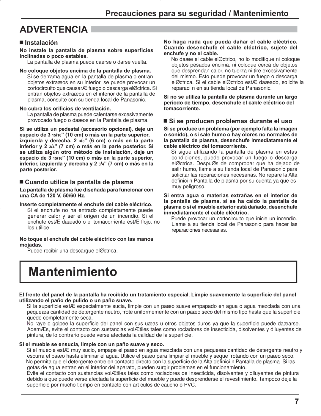 Panasonic TH-42PR9U, TH-37PR9U, TH-37PG9U, TH-42PG9U manual Precauciones para su seguridad / Mantenimiento, Instalación 