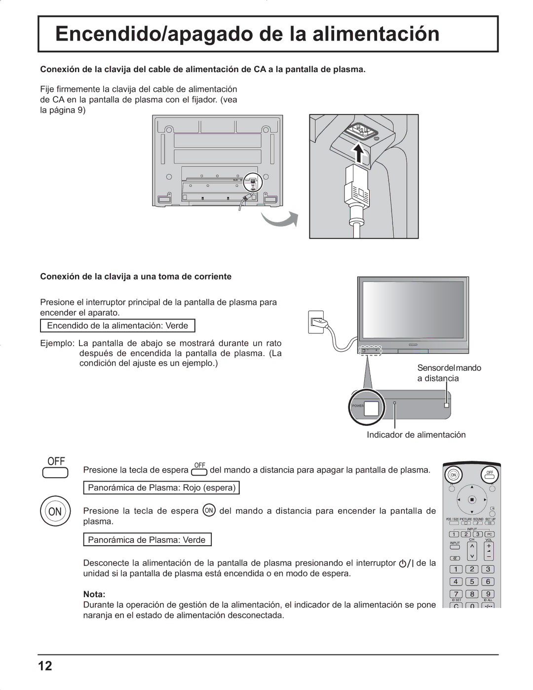 Panasonic TH-37PR9U, TH-37PG9U manual Encendido/apagado de la alimentación, Conexión de la clavija a una toma de corriente 