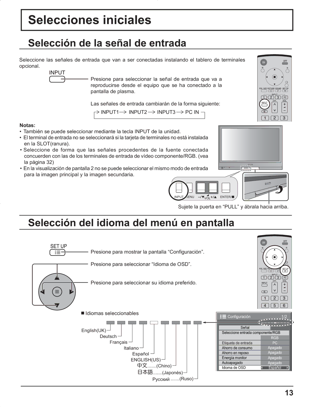 Panasonic TH-37PG9U Selecciones iniciales, Selección de la señal de entrada, Selección del idioma del menú en pantalla 