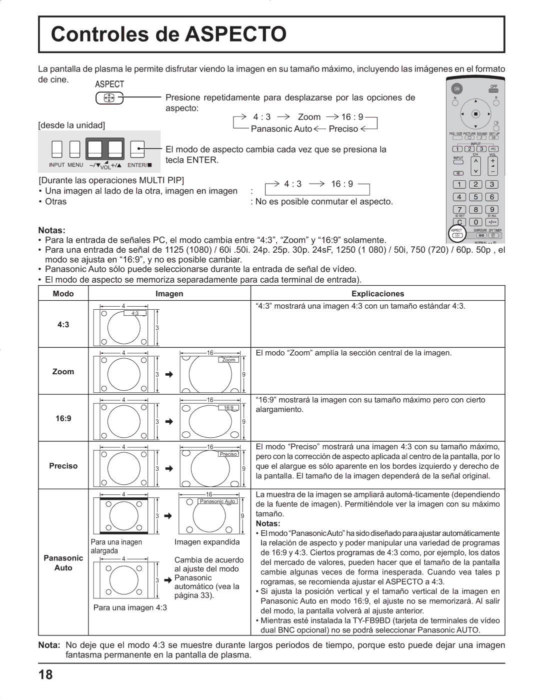 Panasonic TH-42PG9U, TH-37PR9U, TH-37PG9U, TH-42PR9U manual Controles de Aspecto 