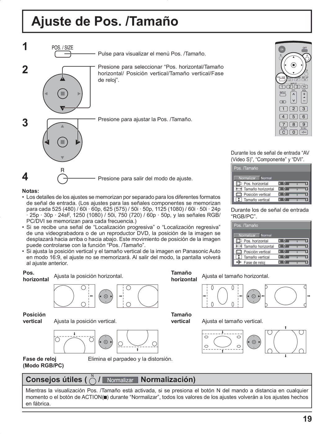 Panasonic TH-42PR9U, TH-37PR9U, TH-37PG9U, TH-42PG9U manual Ajuste de Pos. /Tamaño, Pulse para visualizar el menú Pos. /Tamaño 