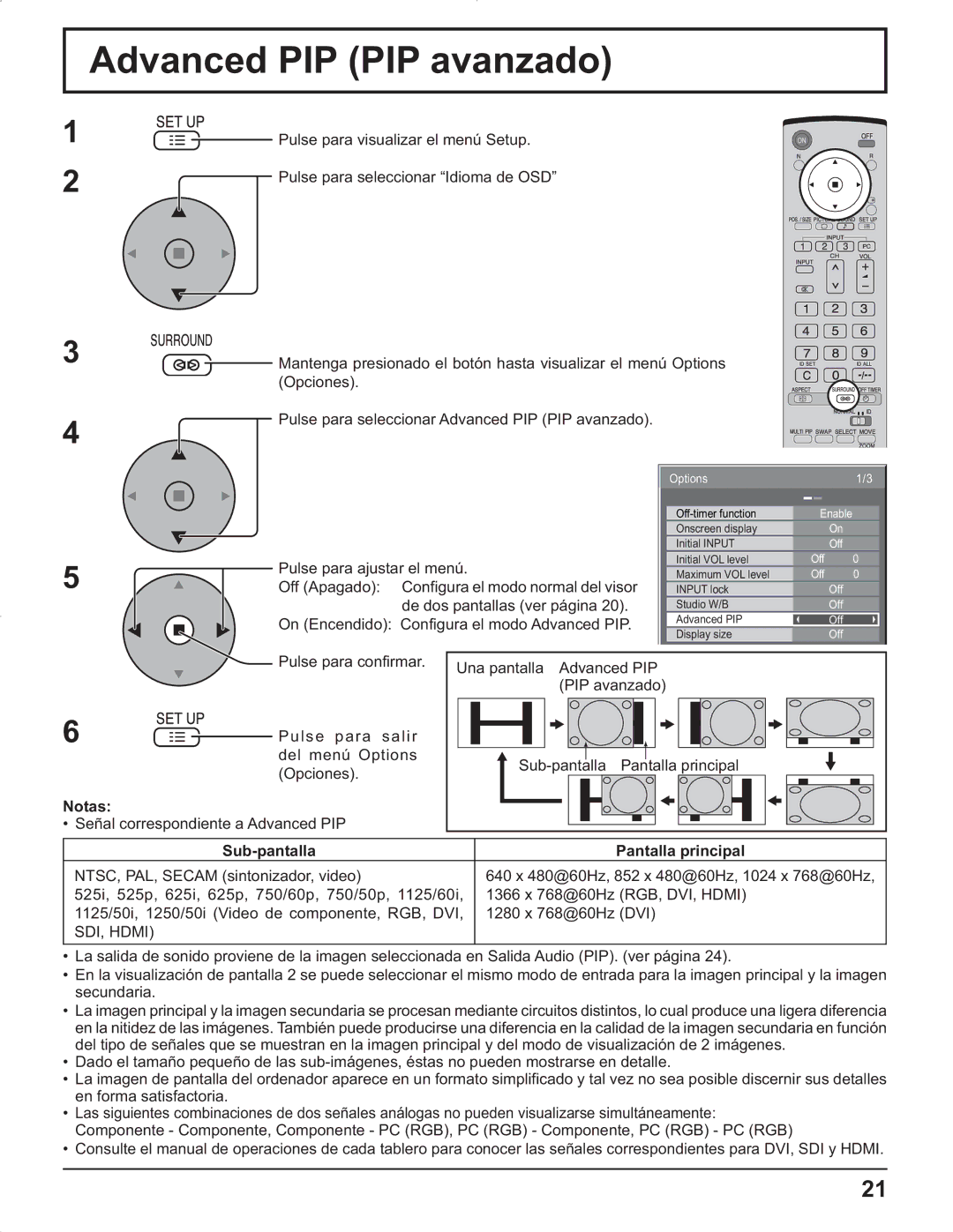 Panasonic TH-37PG9U, TH-37PR9U manual Pulse para ajustar el menú, Off Apagado Configura el modo normal del visor, SDI, Hdmi 