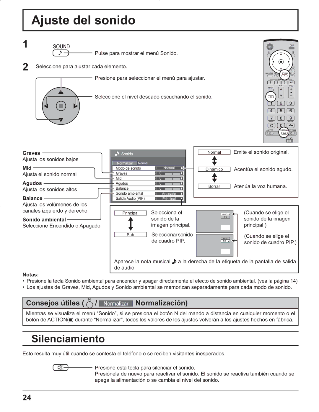 Panasonic TH-37PR9U, TH-37PG9U, TH-42PG9U, TH-42PR9U manual Ajuste del sonido, Silenciamiento 